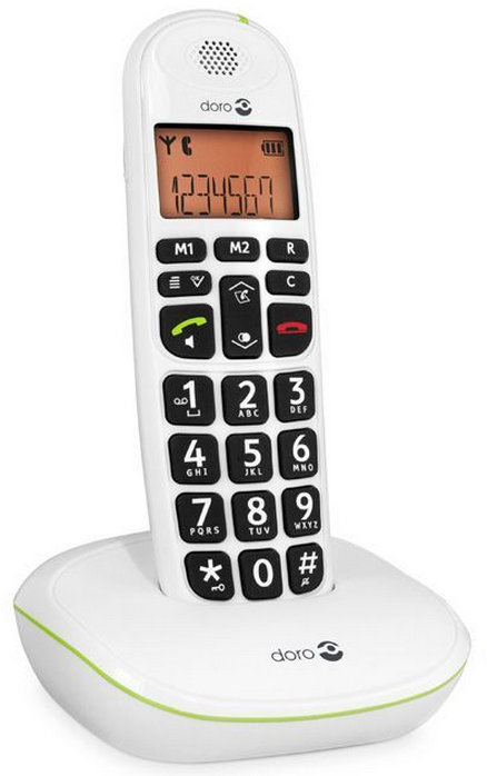 White Doro landline phone with large buttons and a display showing numbers.