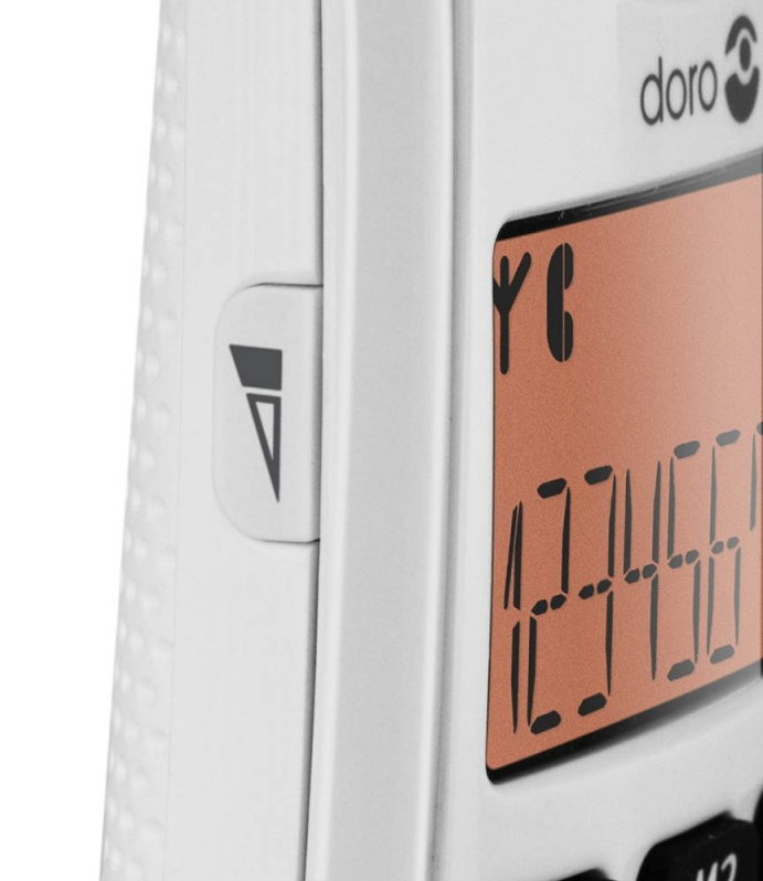 Close-up of a white Doro phone, with a screen displaying the number 123456 and a menu button.