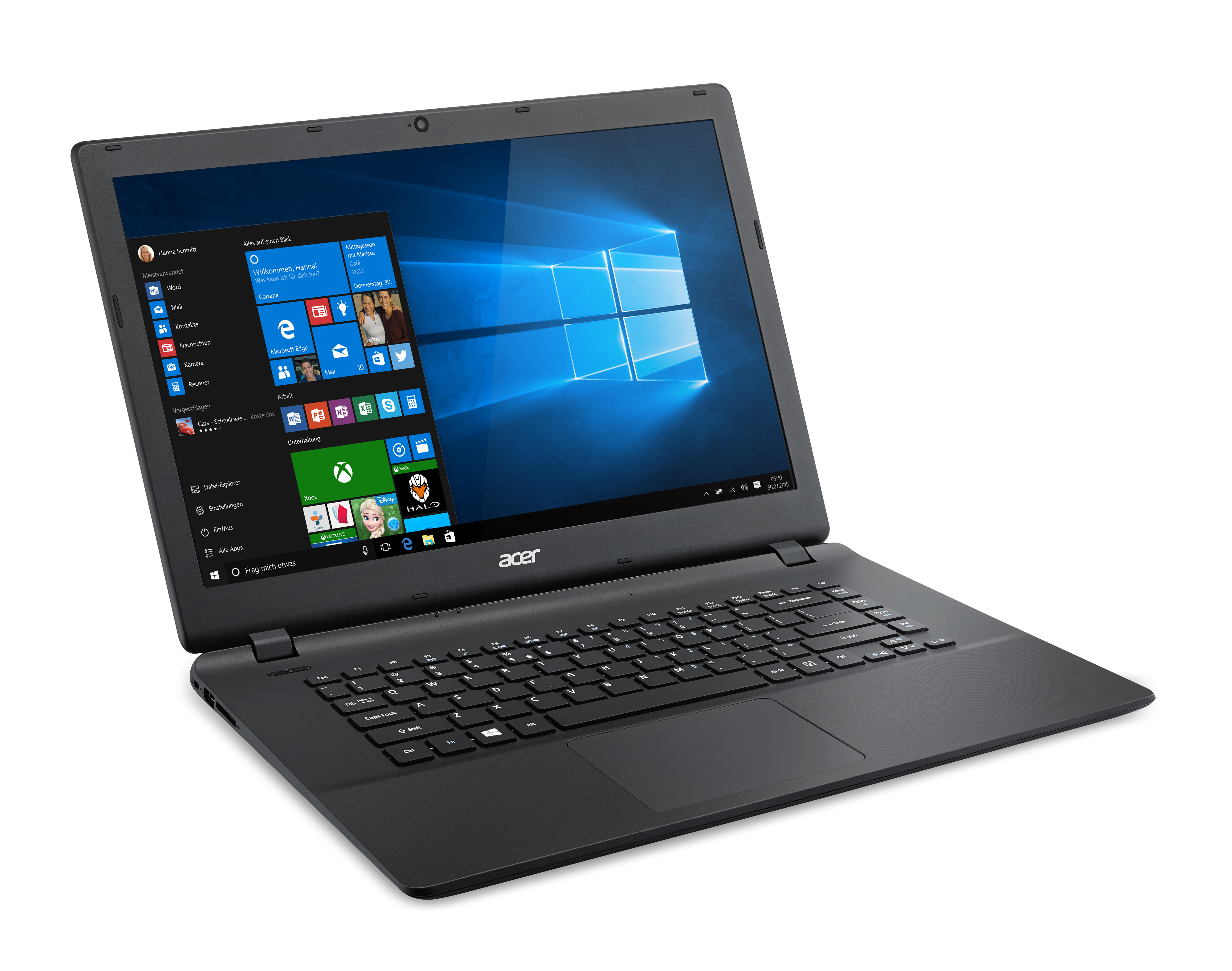 Schwarzer Laptop, geöffnet, auf weißem Hintergrund. Der Bildschirm zeigt eine Windows-Oberfläche mit App-Symbolen.