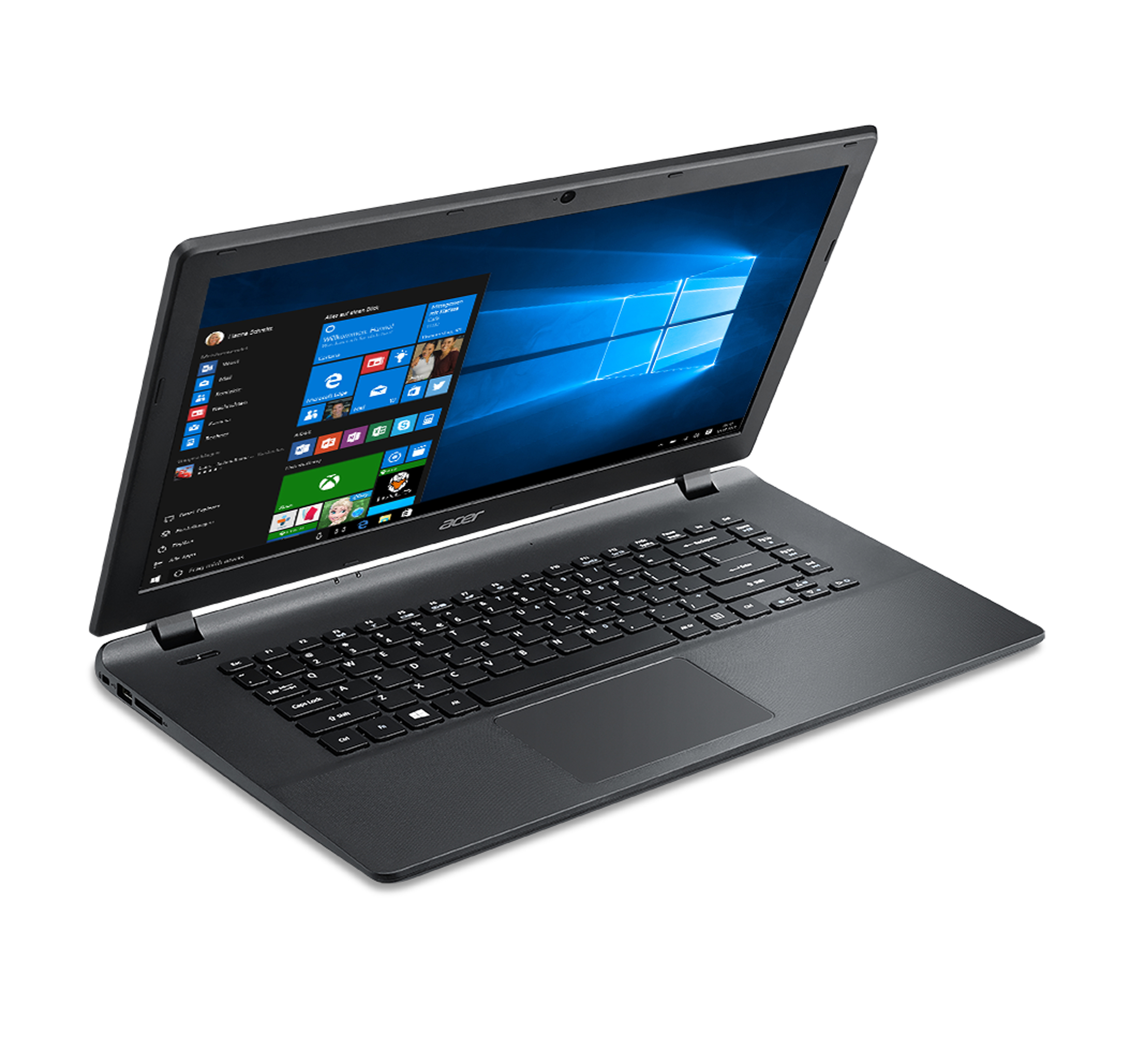 Schwarzer Acer-Laptop, geöffnet, mit Windows-Oberfläche. Weißer Hintergrund.