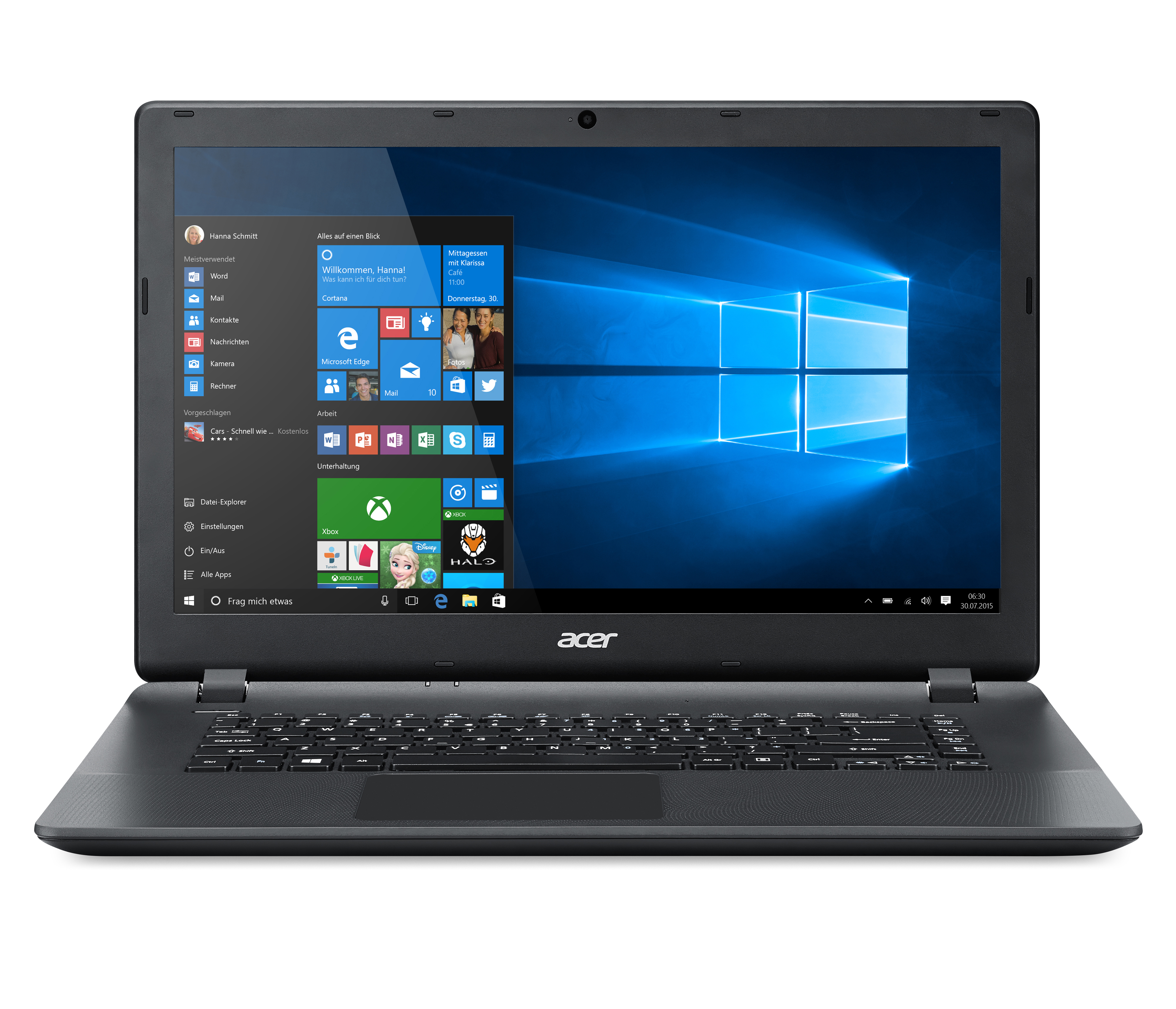 Schwarzes Acer-Laptop, geöffnet, mit Windows-Desktop auf dem Bildschirm.
