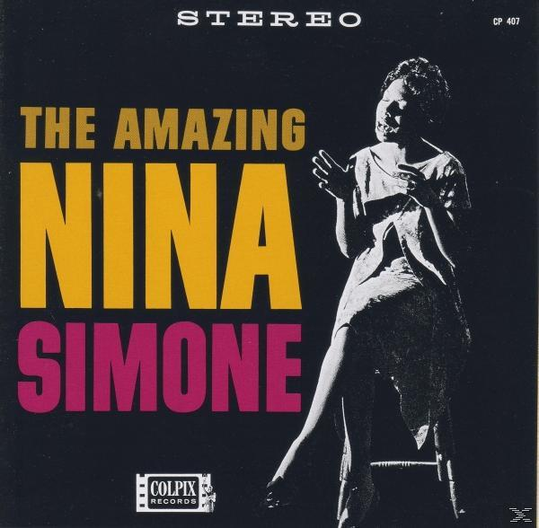 Album borító Nina Simone-nal fekete ruhában, a "The Amazing Nina Simone" címmel.