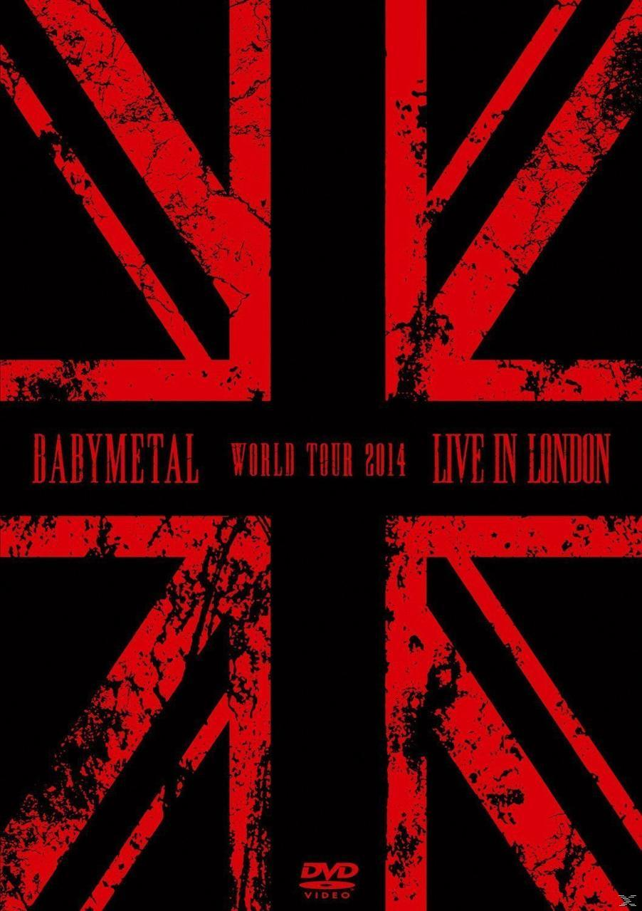 Schwarzer Hintergrund mit Union Jack-Flagge in Rot und dem Text 'BABYMETAL WORLD TOUR 2014 LIVE IN LONDON'.