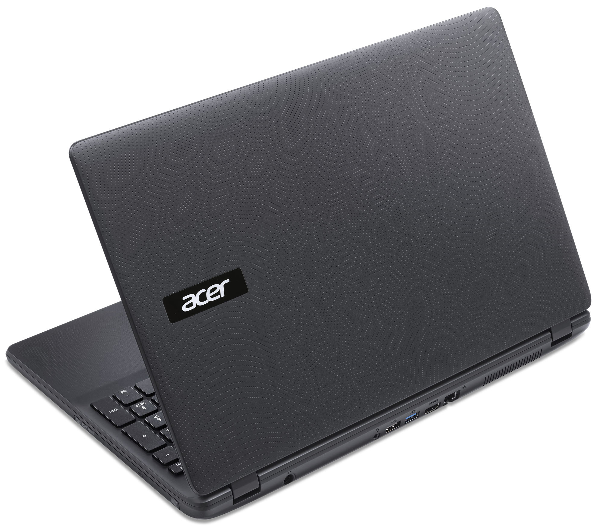 Schwarzer Acer-Laptop. Der Bildschirm ist geschlossen und das Acer-Logo ist sichtbar. Der Hintergrund ist weiß.