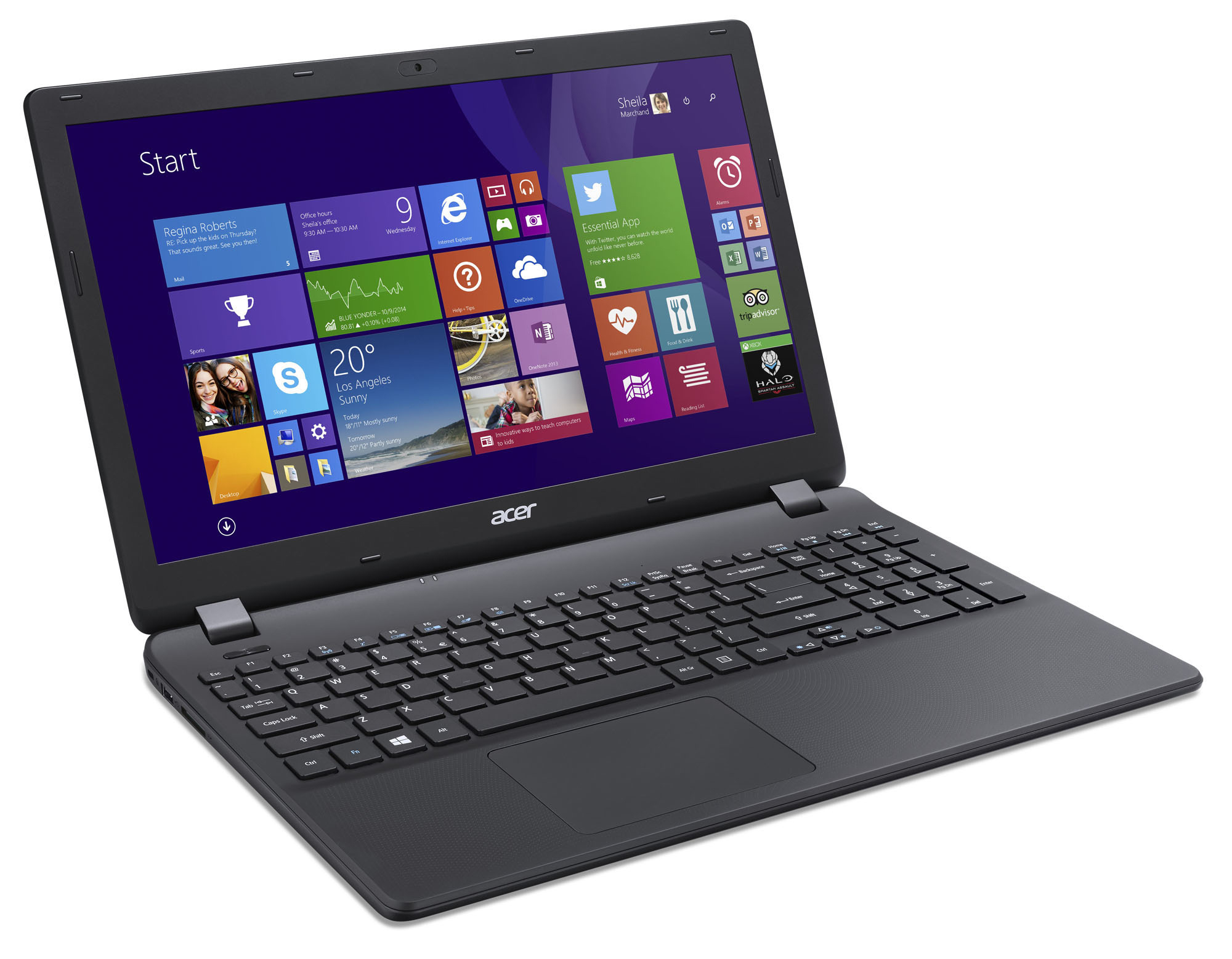 Offener schwarzer Laptop auf weißer Oberfläche. Der Bildschirm zeigt die Windows 8-Oberfläche mit App-Symbolen.