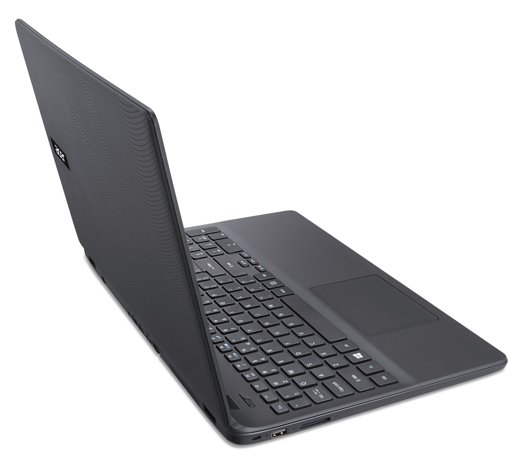 Dunkelgrauer Laptop aus einem Winkel. Offener Deckel, Tastatur sichtbar, Touchpad und ein weißer Hintergrund.