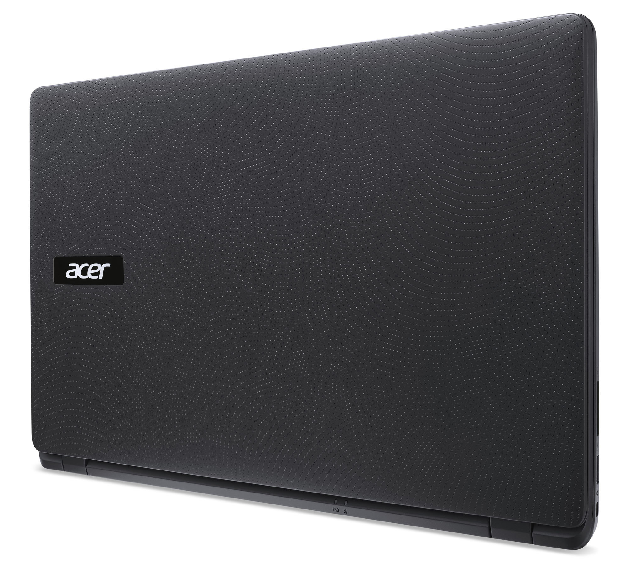 Schwarzer Acer-Laptop. Acer-Logo oben links. Geriffelte Textur auf dem Cover.