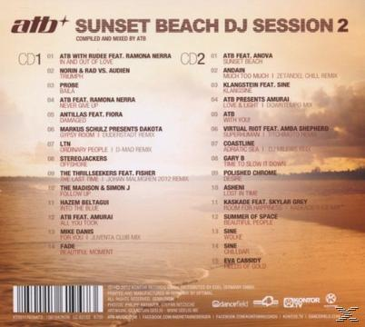 Albumcover für 'Sunset Beach DJ Session 2' mit Titellisten und einer Strandszene. Das Cover ist farbenfroh.