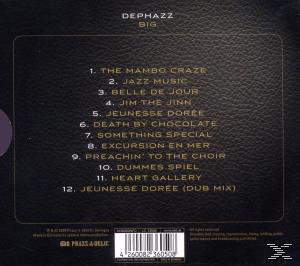 Rückseite einer CD. Titelliste des Albums 'Big' von De-Phazz, mit schwarzem, lederartigem Hintergrund.