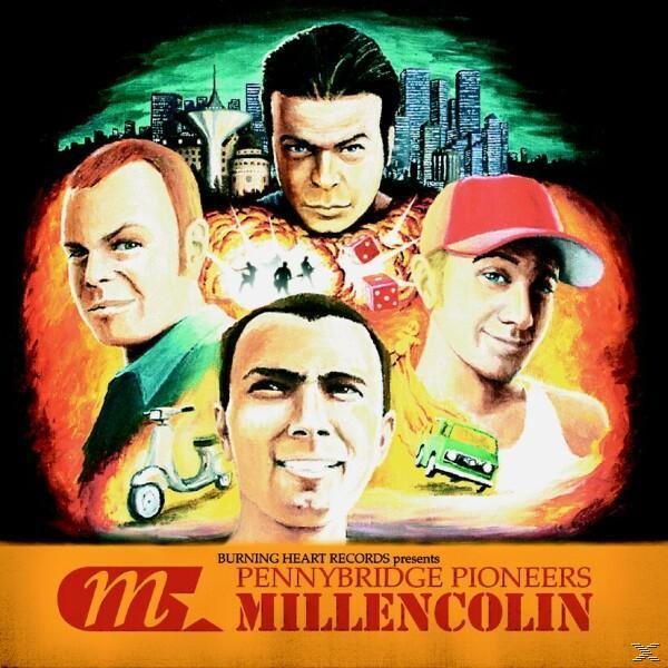 Albumcover-Art mit vier Männern in einer farbenfrohen Illustration mit Stadtbild und Roller.