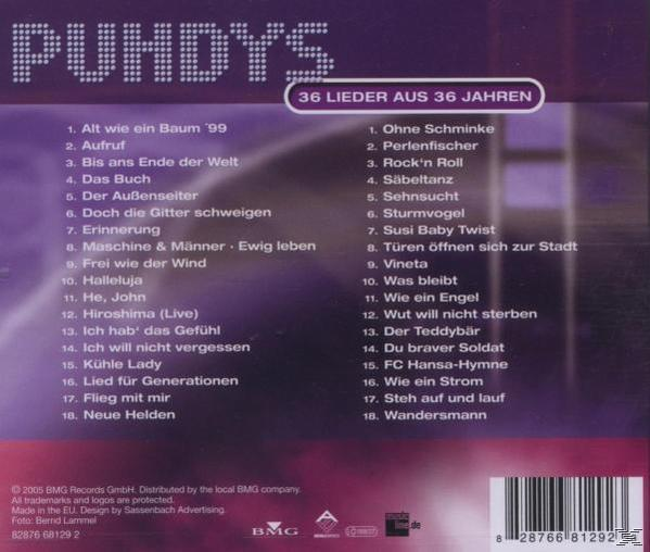 Albumcover: Puhdys. Listet Songs aus 36 Jahren auf, mit lila Hintergrund und Logo.
