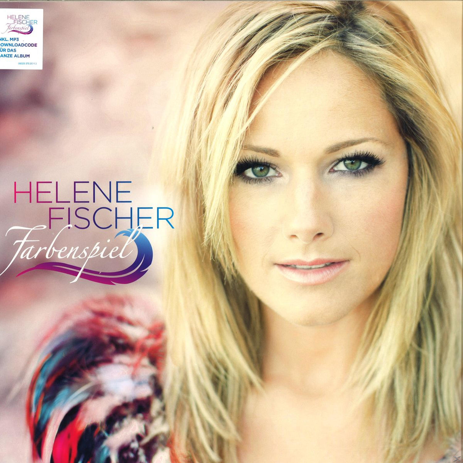 Albumcover von Helene Fischer. Ein Porträt der Sängerin mit blonden Haaren. Text 'Helene Fischer' und 'Farbenspiel'.
