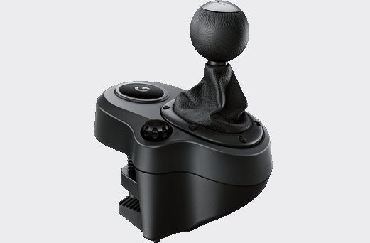 Siyah ve gri Logitech vites kolu, top şeklinde bir üst ve kelepçe tabanı ile.