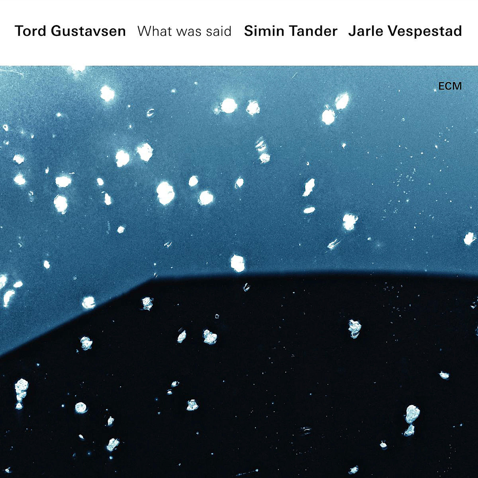 Albumcover. Dunkles, abstraktes Bild mit weißen Punkten. Text: Tord Gustavsen, Simin Tander, Jarle Vespestad.