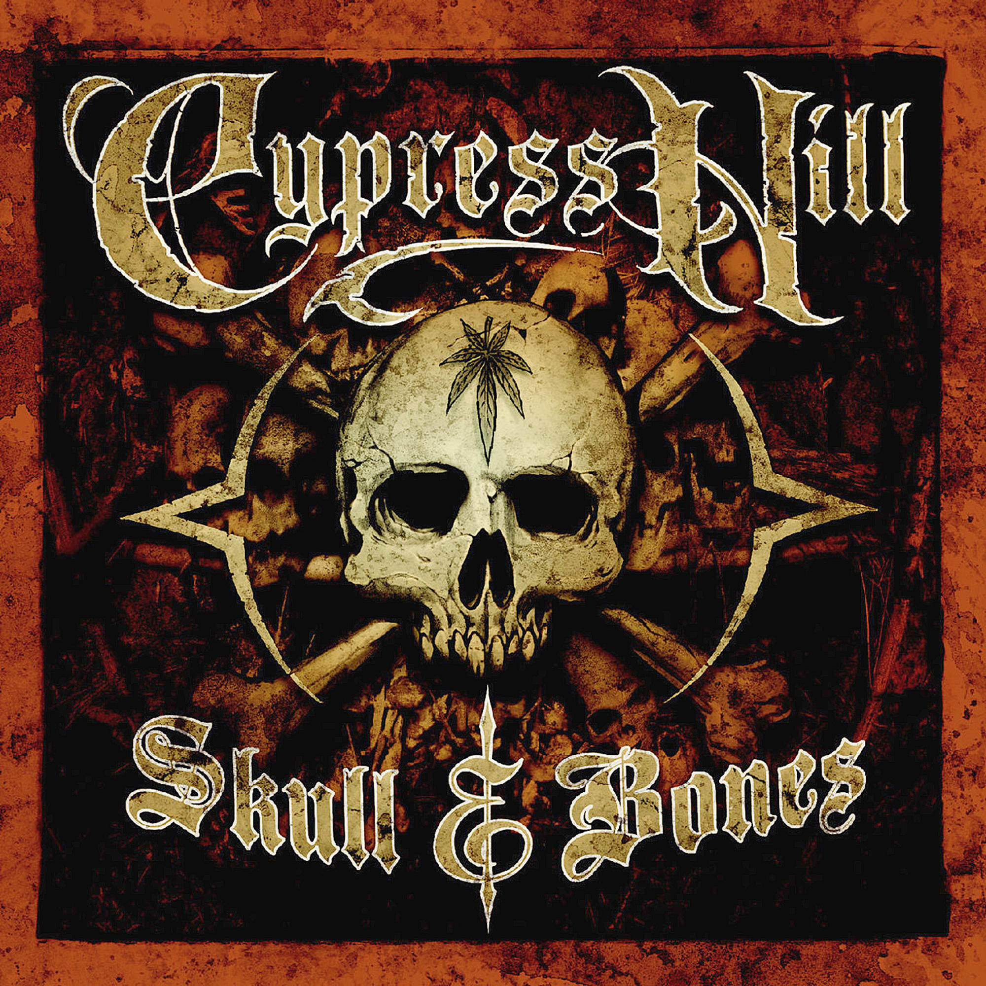 Cypress Hill Albumcover, Totenkopf mit Marihuanablatt, Sternen und Text.