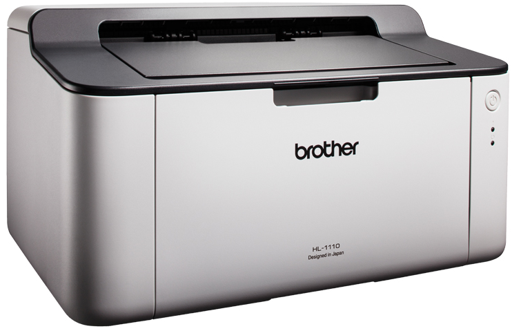 Een lichtgrijze Brother printer met een zwarte bovenkant, met het Brother logo.