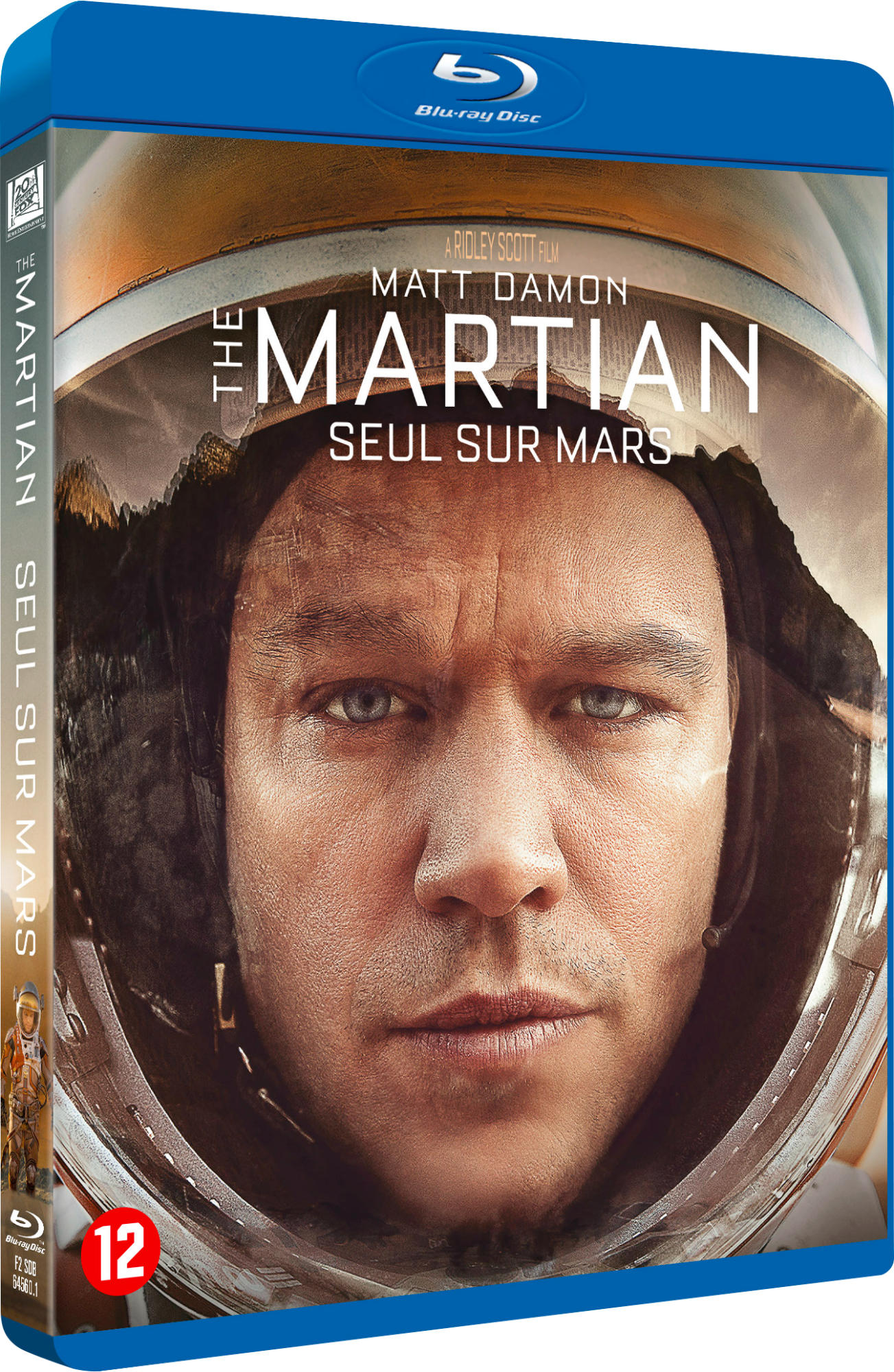 Couverture du DVD de 'Seul sur Mars' avec Matt Damon en combinaison spatiale, étiquette de disque bleue.