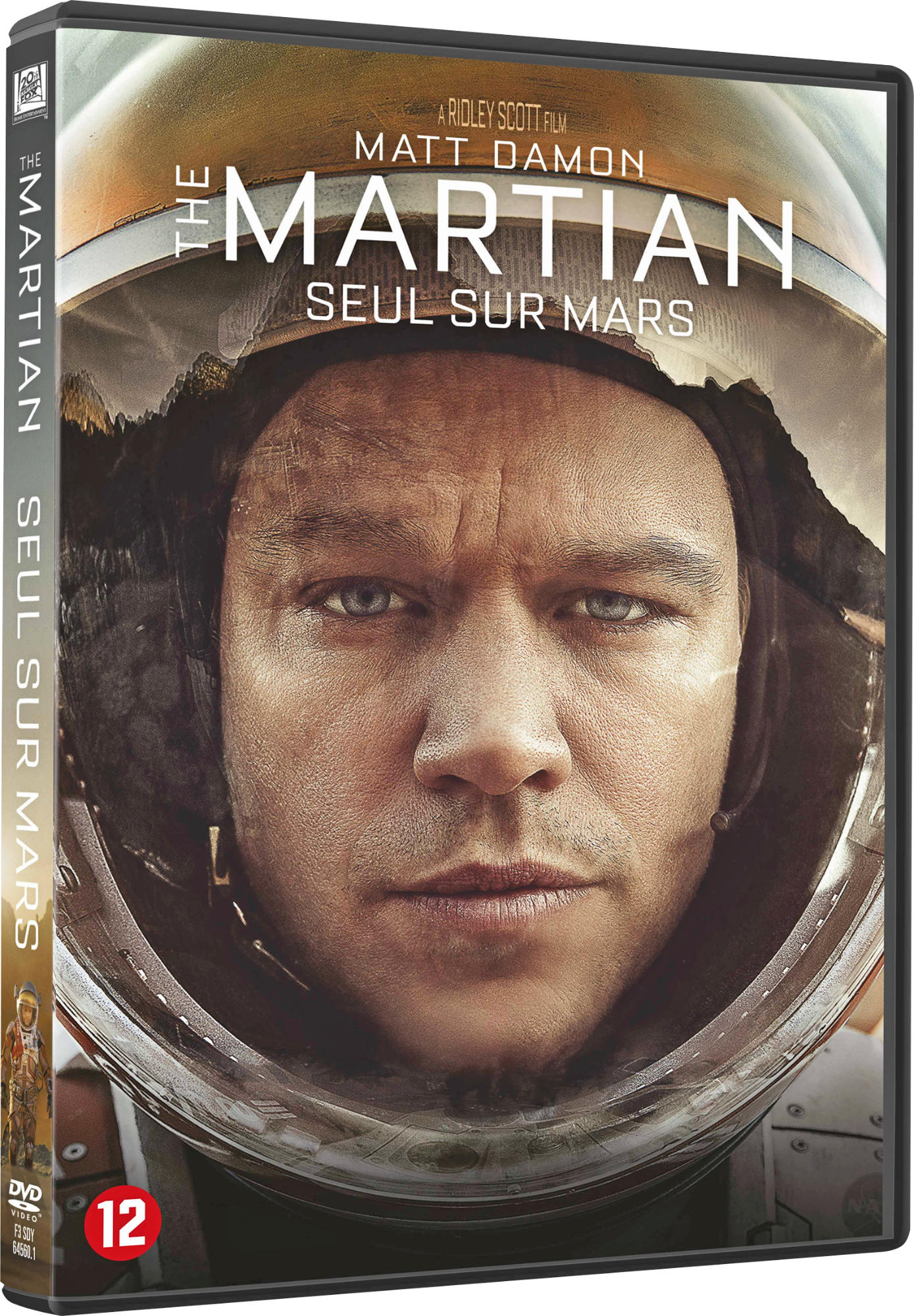 Boîtier de DVD. Matt Damon en combinaison spatiale. Couverture du film The Martian. Fond blanc.