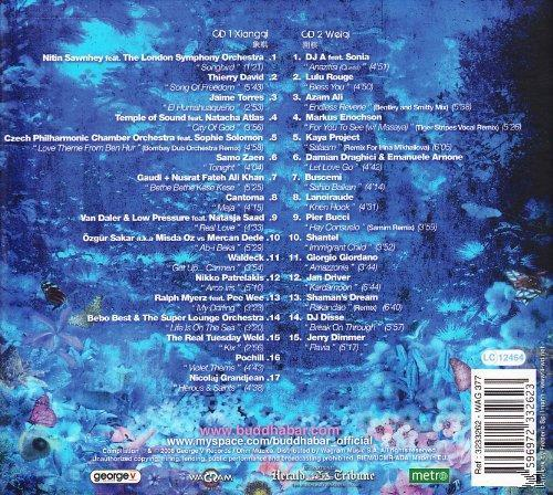 Album-Rückseite: zwei Spalten mit Titeln, mit blauem und blumigem Hintergrund.