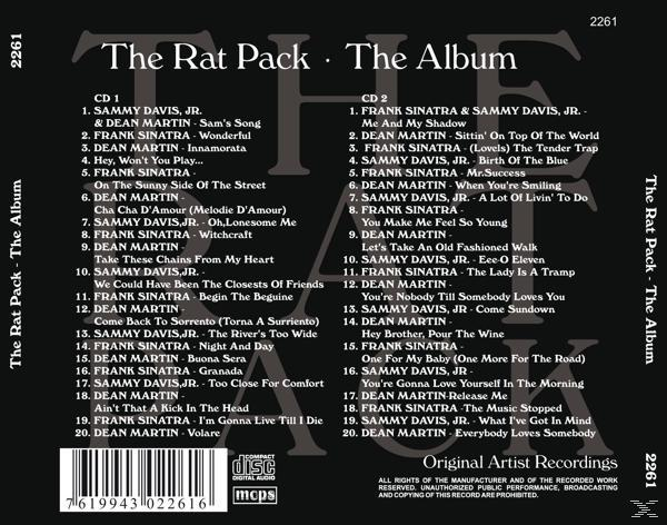 CD-Cover mit Songtiteln und Künstlerdetails. Der Hintergrund ist schwarz mit weißem Text. Das Album: The Rat Pack.