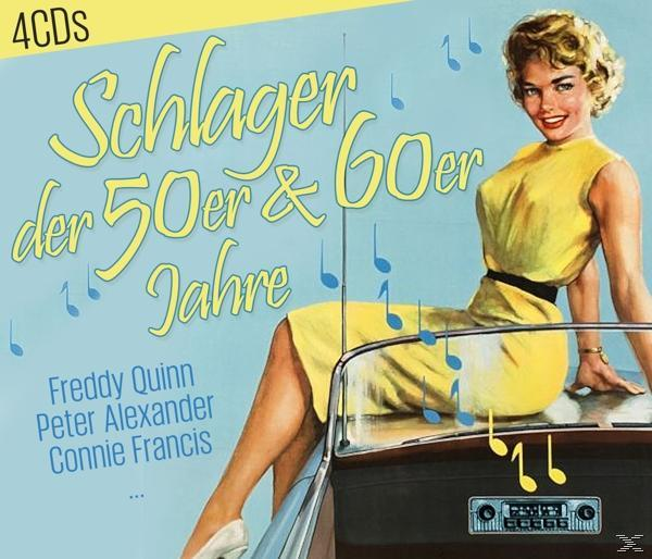 Albumcover: Frau im gelben Kleid auf Auto, Noten. Text: Schlager der 50er & 60er Jahre.