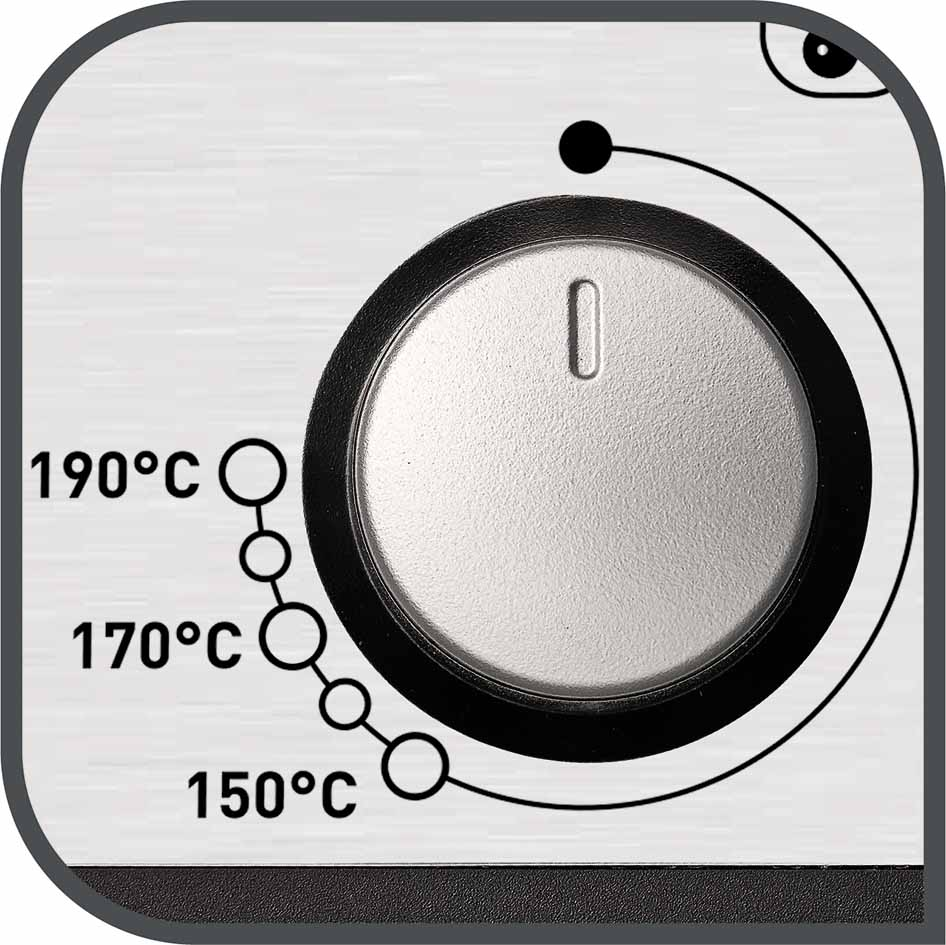 Close-up of an oven control dial with temperature markings: 150°C, 170°C, and 190°C.