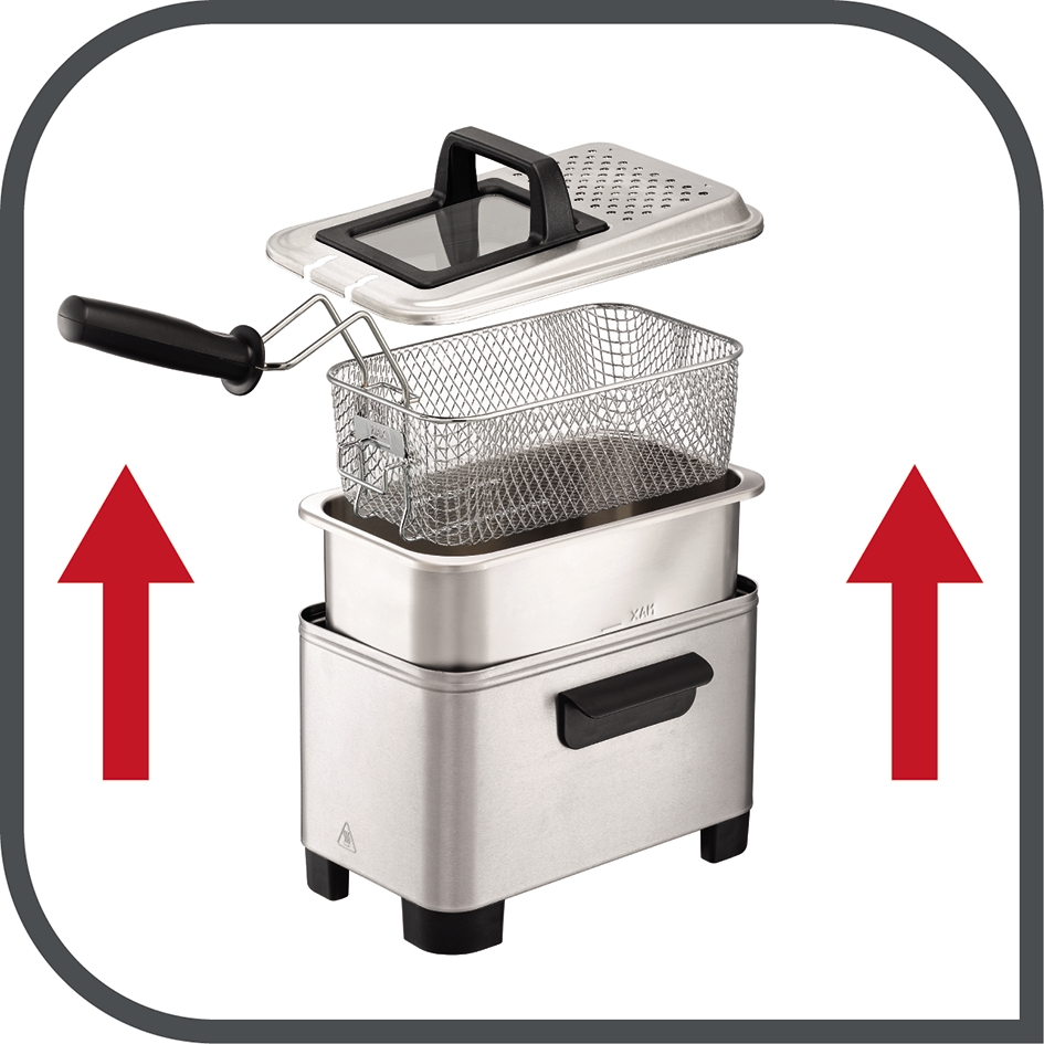 Deep fryer disassembled. The parts are a pot, a basket, a lid and arrows pointing upwards.