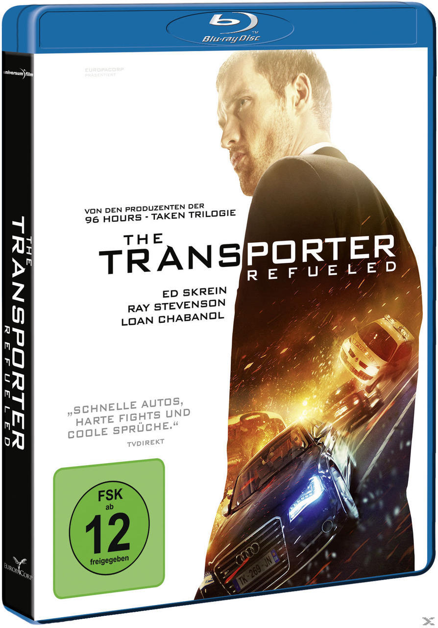 Blu-ray-Cover für 'The Transporter Refueled'. Zeigt einen Mann und Autos mit Action.