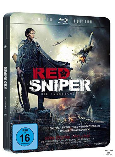 Eine DVD-Hülle für den Film "Red Sniper", mit einer Frau mit Gewehr und einem brennenden Flugzeug.