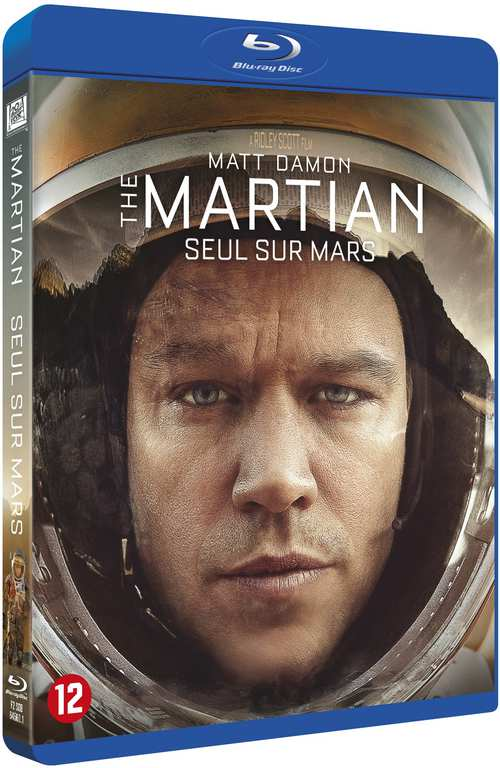 Couverture Blu-ray de 'Seul sur Mars' avec Matt Damon dans un casque spatial, fond bleu et orange.