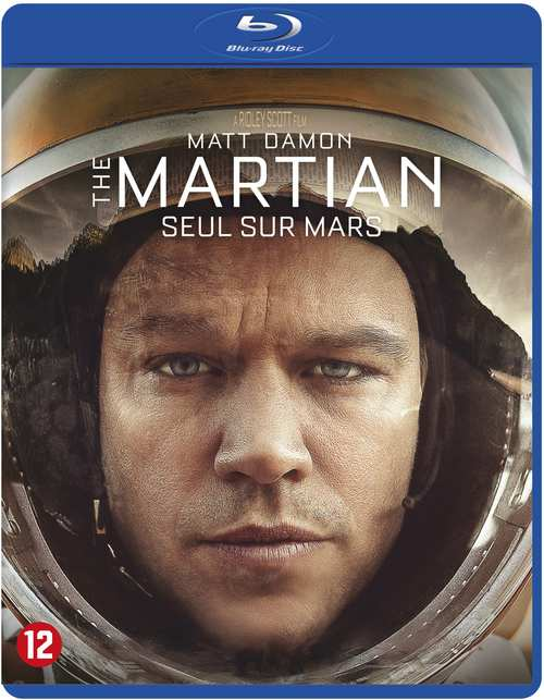Couverture du film The Martian, Matt Damon dans un casque spatial. Blu-ray. Texte en anglais et français.