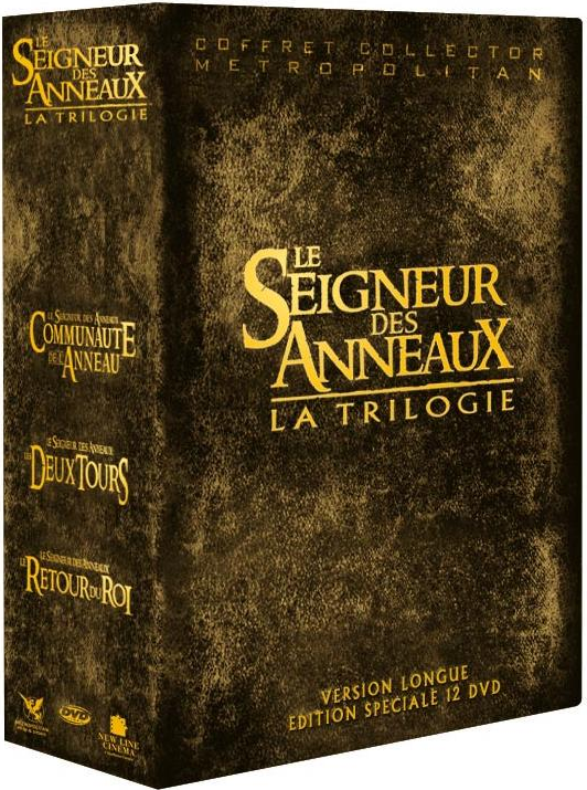 Coffret DVD de la trilogie 'Le Seigneur des Anneaux' dans un étui marron semblable au cuir.