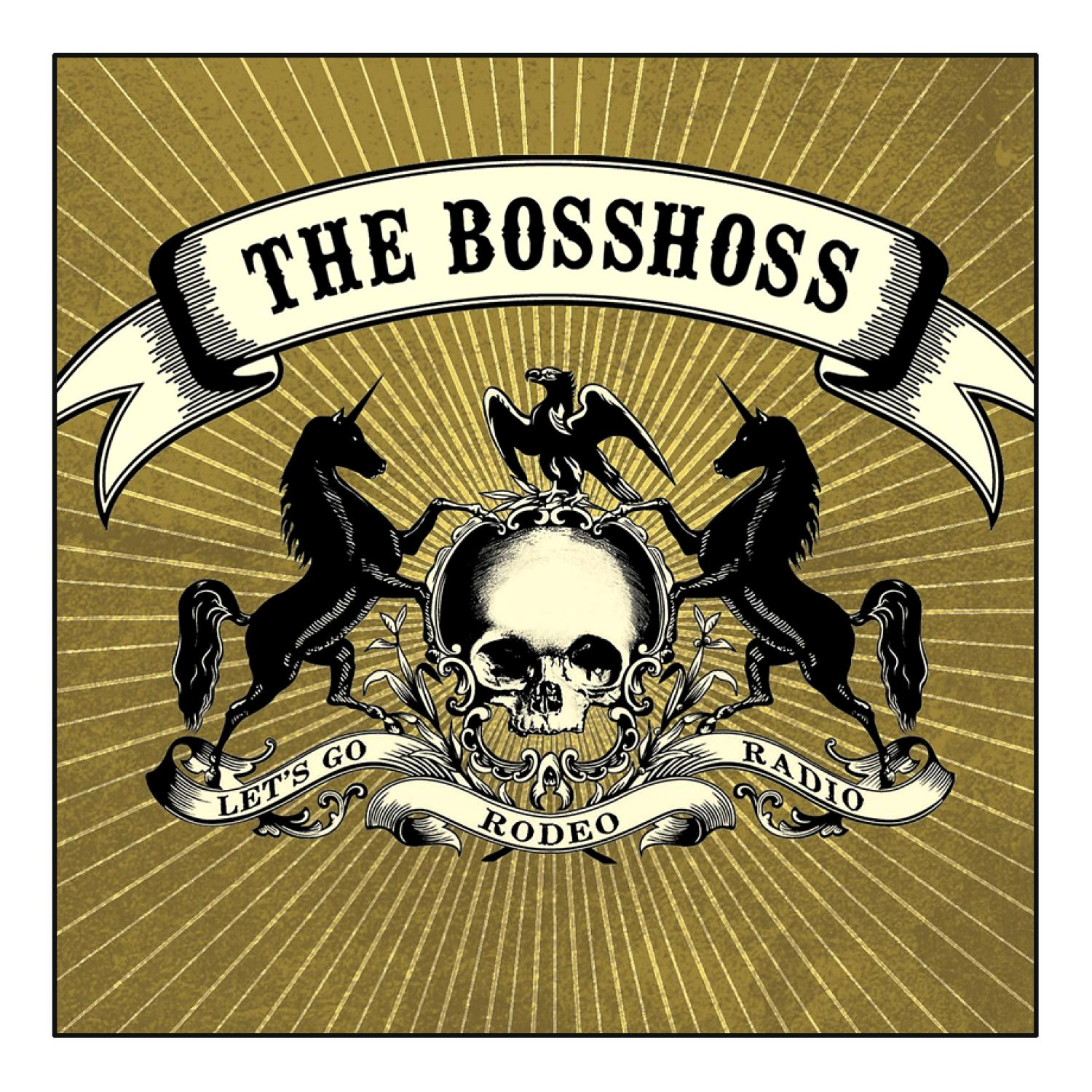 The BossHoss Albumcover. Totenkopf, Einhörner, Adler, Banner: Let's Go Rodeo Radio.