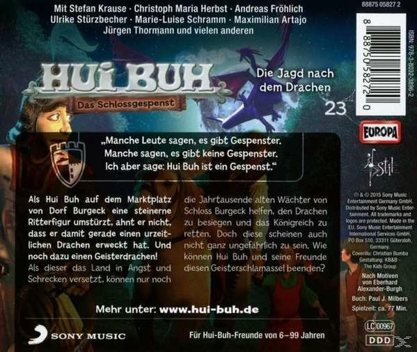 CD-Cover für "Hui Buh". Cartoon-Bild eines Mannes und eines lila Drachen. Text auf Deutsch.