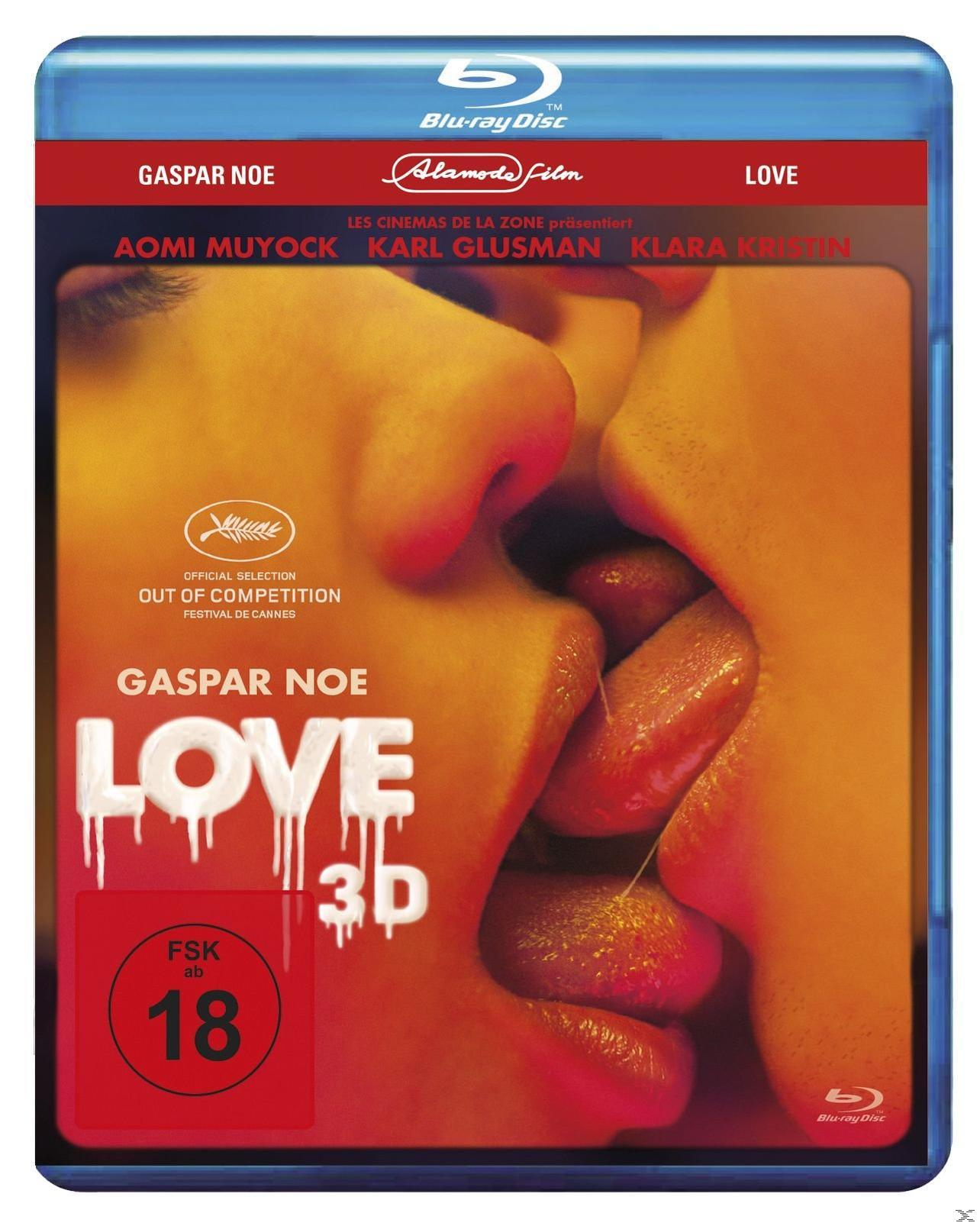 DVD-Cover des Films „Love 3D“. Zwei küssende Personen, Zungen berühren sich. Roter und weißer Text.