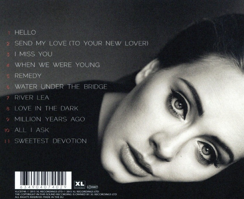Dos de l'album avec les titres des chansons et le visage d'Adele en noir et blanc. Texte en anglais.