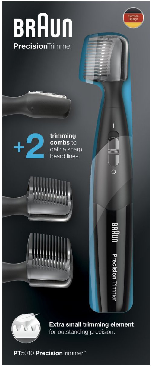 Braun Precision Trimmer verpakking met een trimmer en twee trimmers. Tekst en afbeeldingen op zwarte achtergrond.