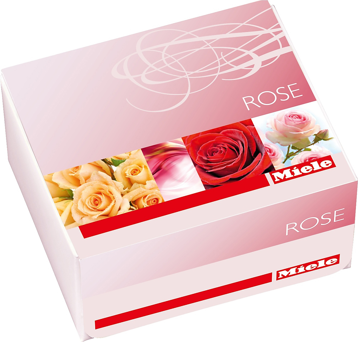 Box mit Rosenbildern und dem Aufdruck "ROSE". Der Markenname "Miele" ist ebenfalls sichtbar.