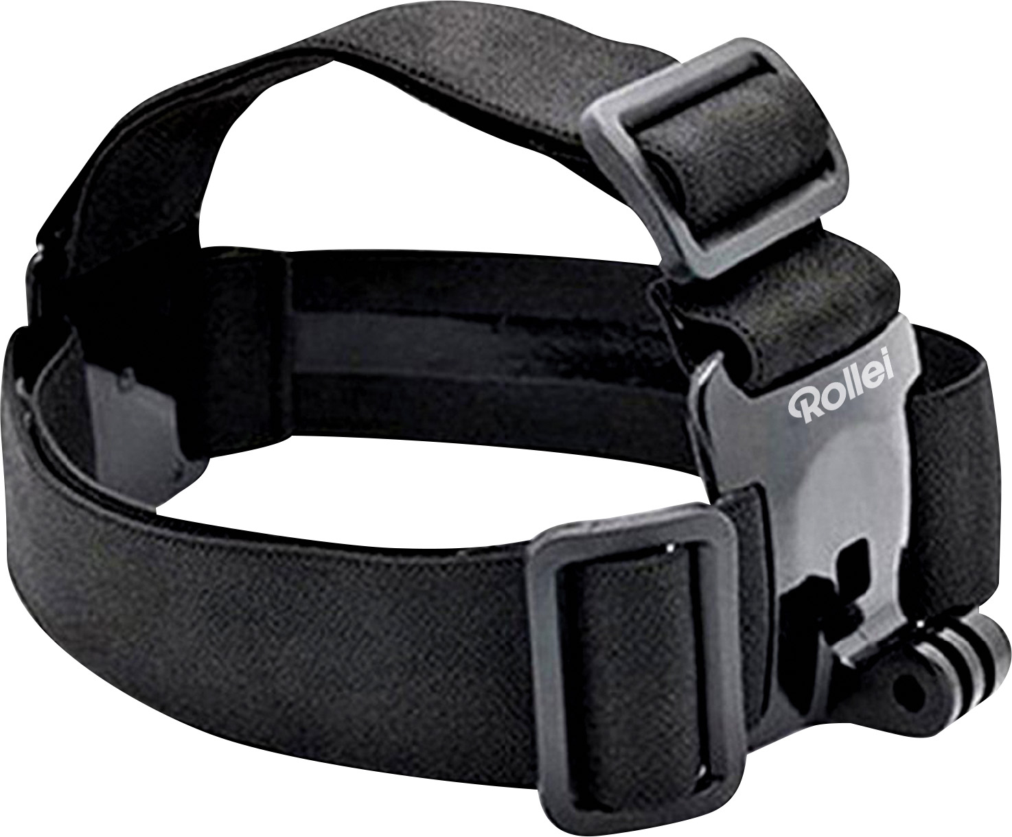 Sangle de tête noire pour une caméra. Elle possède des sangles et des boucles noires. Le logo Rollei est visible.