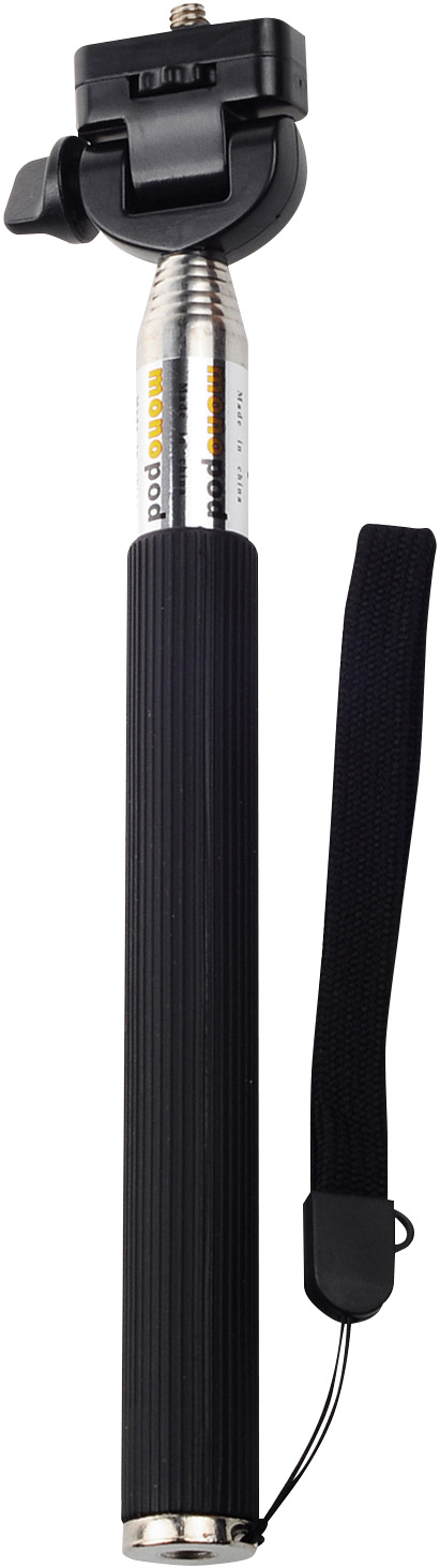 Perche à selfie noire avec dragonne noire. Le haut a un support de téléphone.