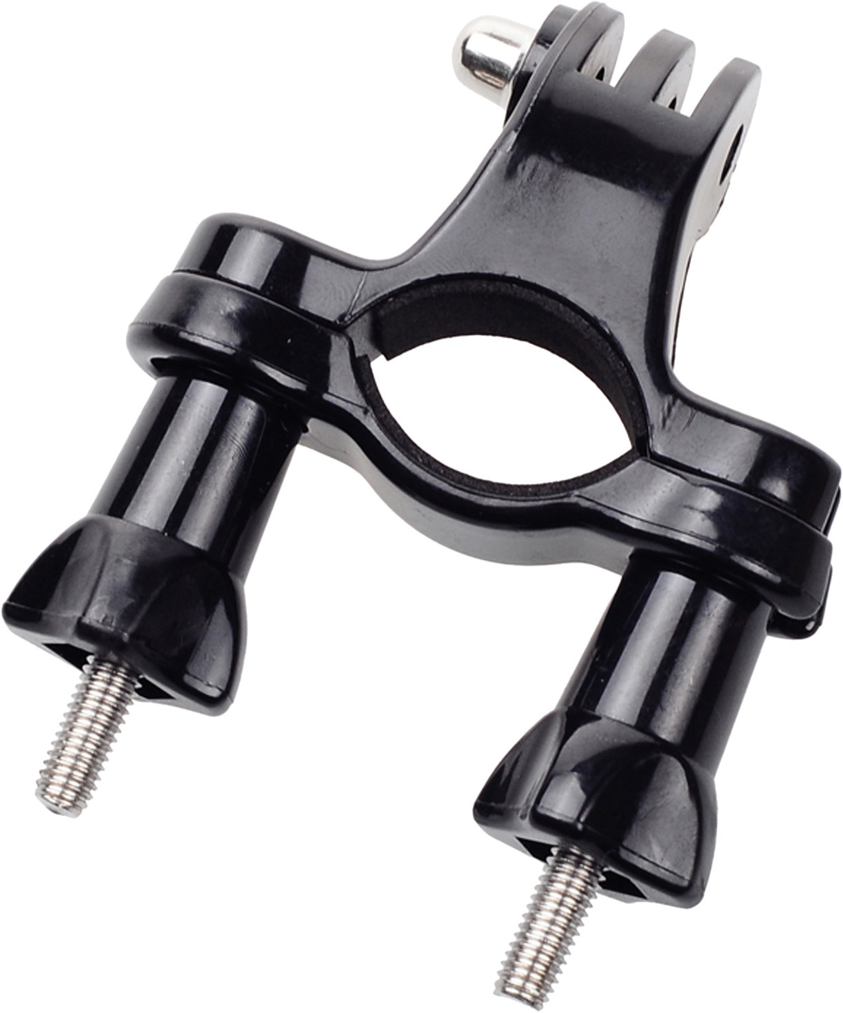 Un support GoPro noir composé d'une pince circulaire et de deux supports à vis.