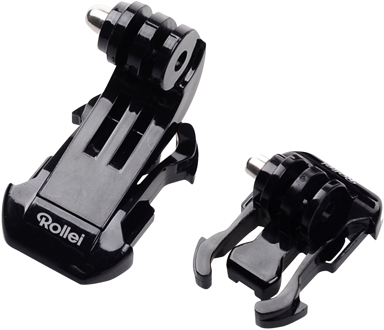 Deux supports noirs pour caméra d'action GoPro. L'un est fixé, l'autre non. Les deux ont le logo 'Rollei'.