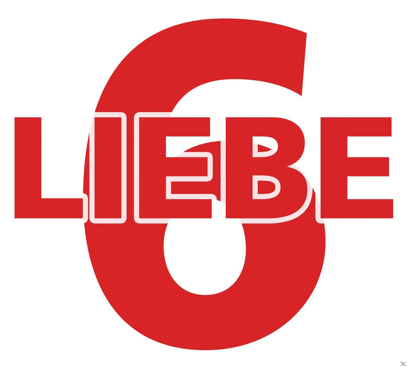 Rotes Wort LIEBE auf weißem Hintergrund. Das Wort befindet sich in einer großen Sechs.
