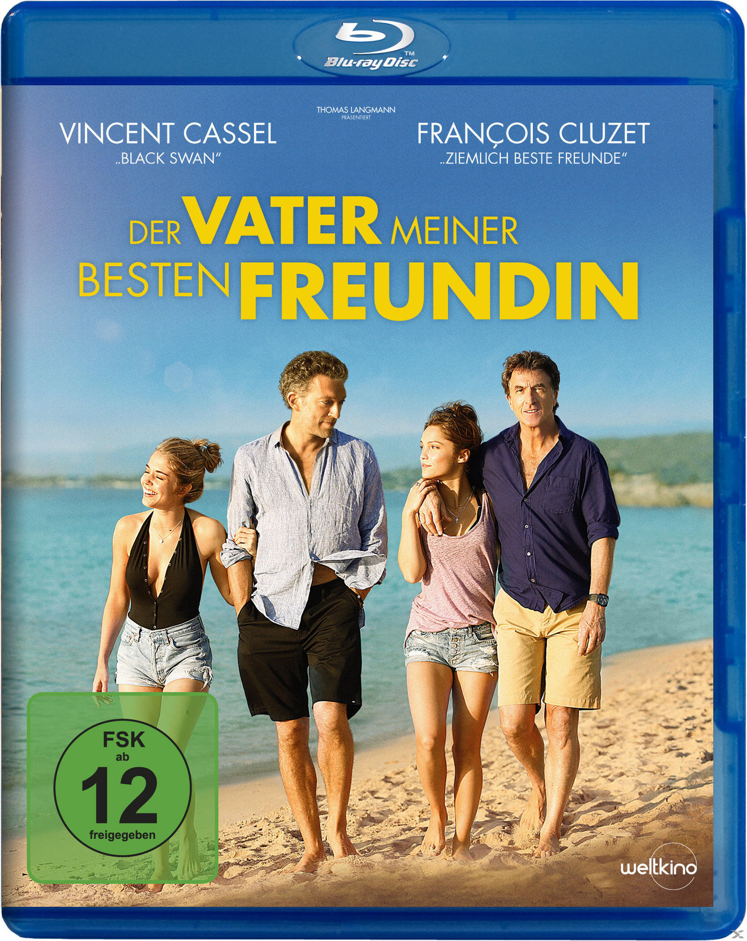 Blu-ray-Cover mit vier Personen am Strand. Text auf Französisch: 'Der Vater meiner besten Freundin'.