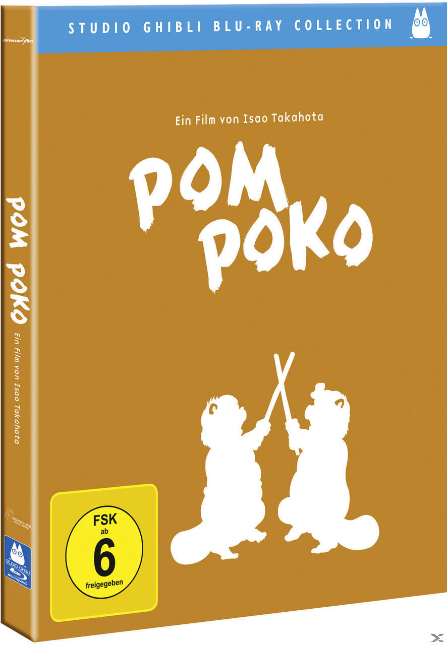 DVD-Cover für den Animationsfilm Pom Poko. Enthält zwei Cartoon-Waschbärhunde, die Stöcke halten.
