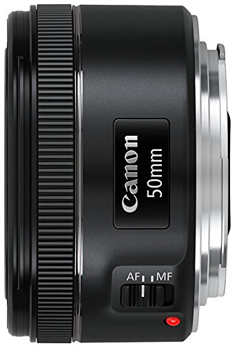 Black Canon 50mm lens with focus settings.
