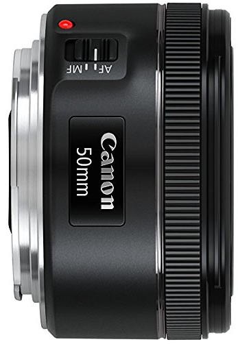 A black camera lens with 'Canon 50mm' on it.