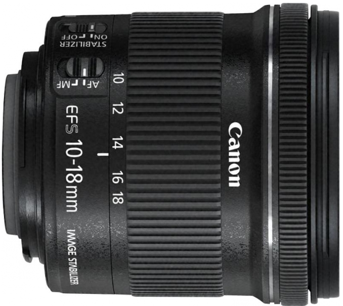 Canon EFS 10-18mm lens, black with white Canon logo and measurement markings.