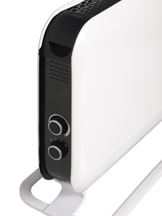 White and black electric heater, with two control knobs. The heater has a curved design and is on a white stand.