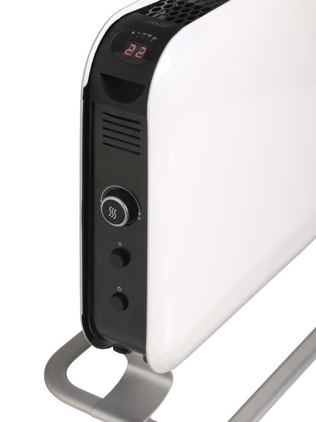 White and black electric heater with control panel and digital display, set against a white background.
